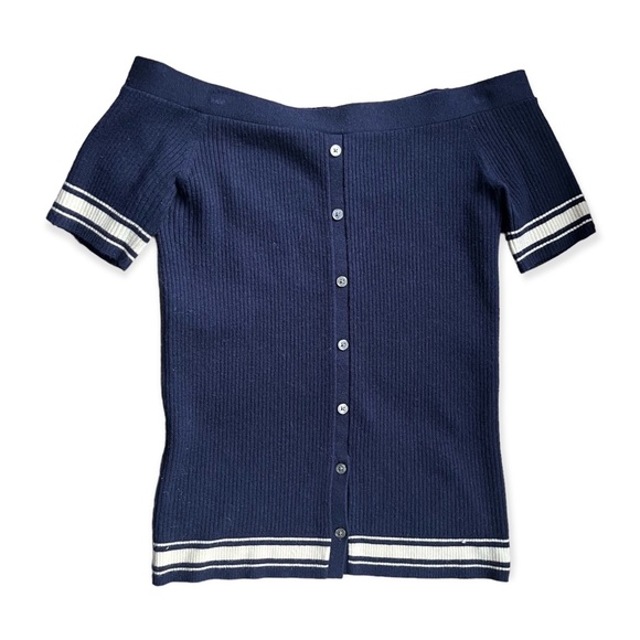 Frame Denim Navy / White Ribbed Off-the-Shoulder Button Down Sweater, sz Med - Picture 5 of 11